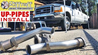 2001 F350 73  RiffRaff UpPipes Install  Stock up pipes leaking and falling apart JUNK SP [upl. by Schreibe]